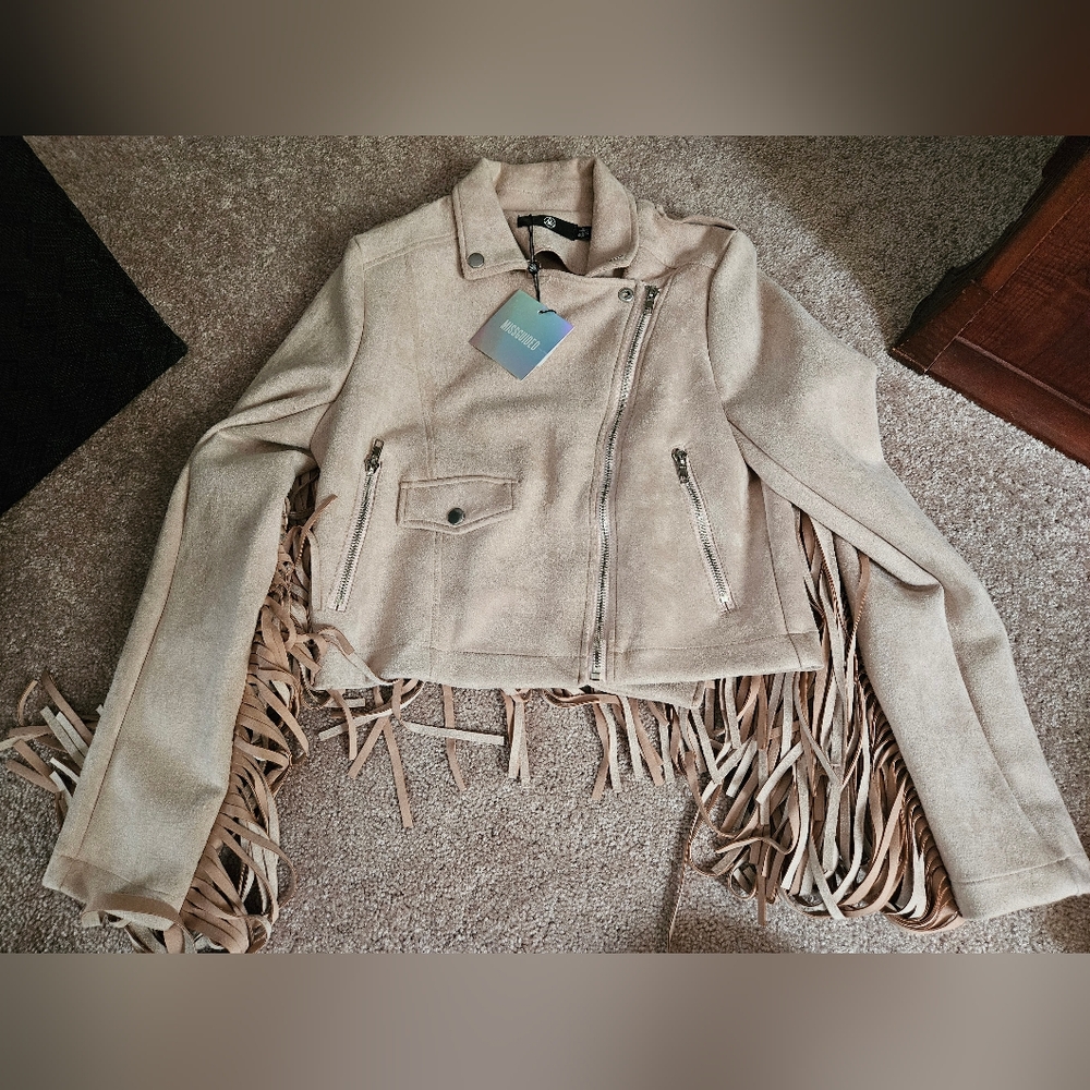 Missguided Women's Beige Fringe Jacket Sz 4